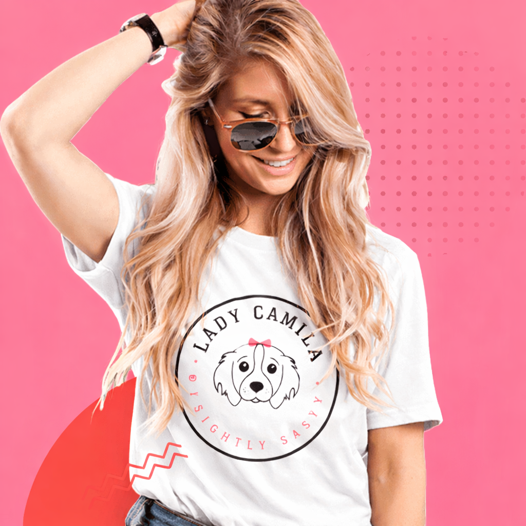 white t-shirt logo pink background
